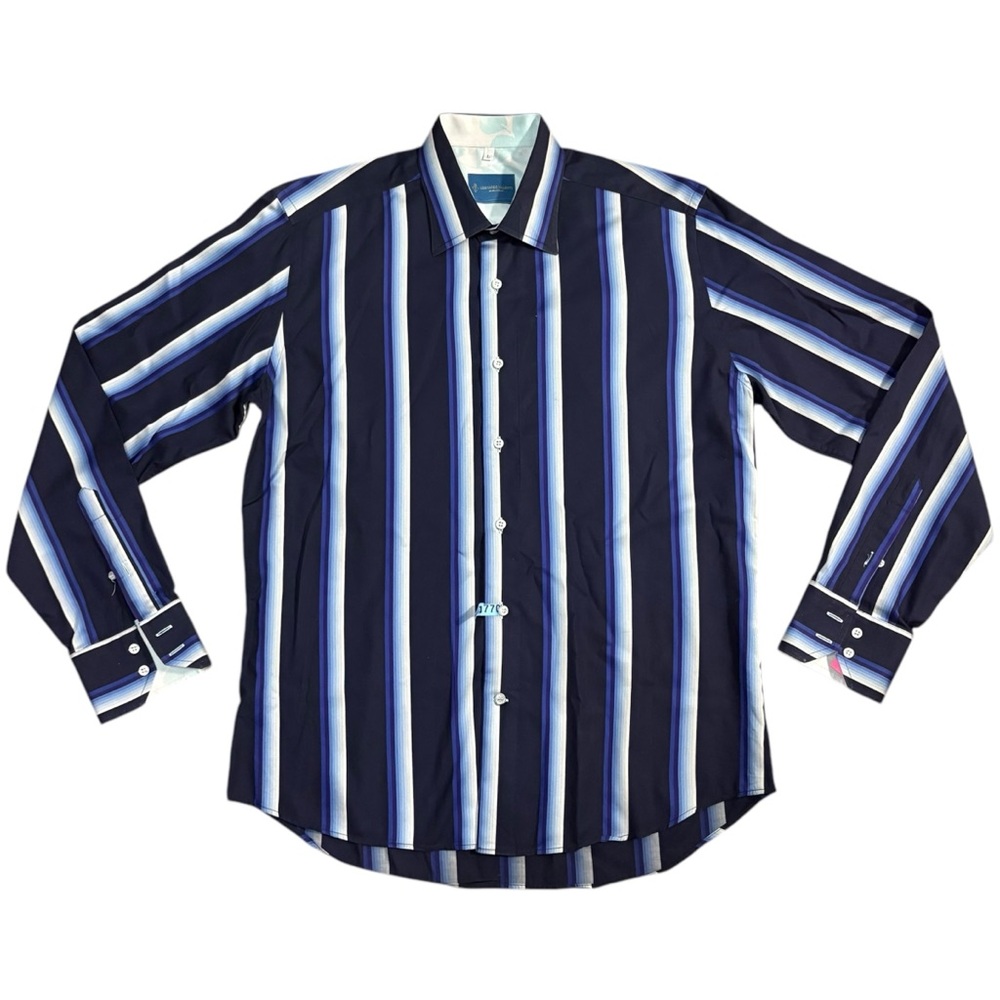 Leonardo Valenti Made In Italy Mens Size Large Blue Stripe Button Up 100% Cotton